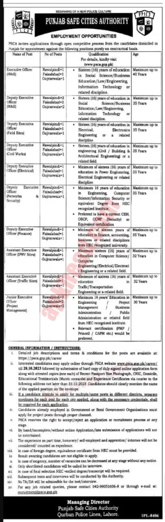 PSCA Executive Officer Jobs in Punjab Safe City Authority 2023